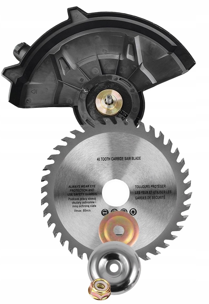 40-zębna tarcza pilarska z węglików spiekanych, wraz z osłoną ochronną i elementami montażowymi (podkładki, nakrętka).